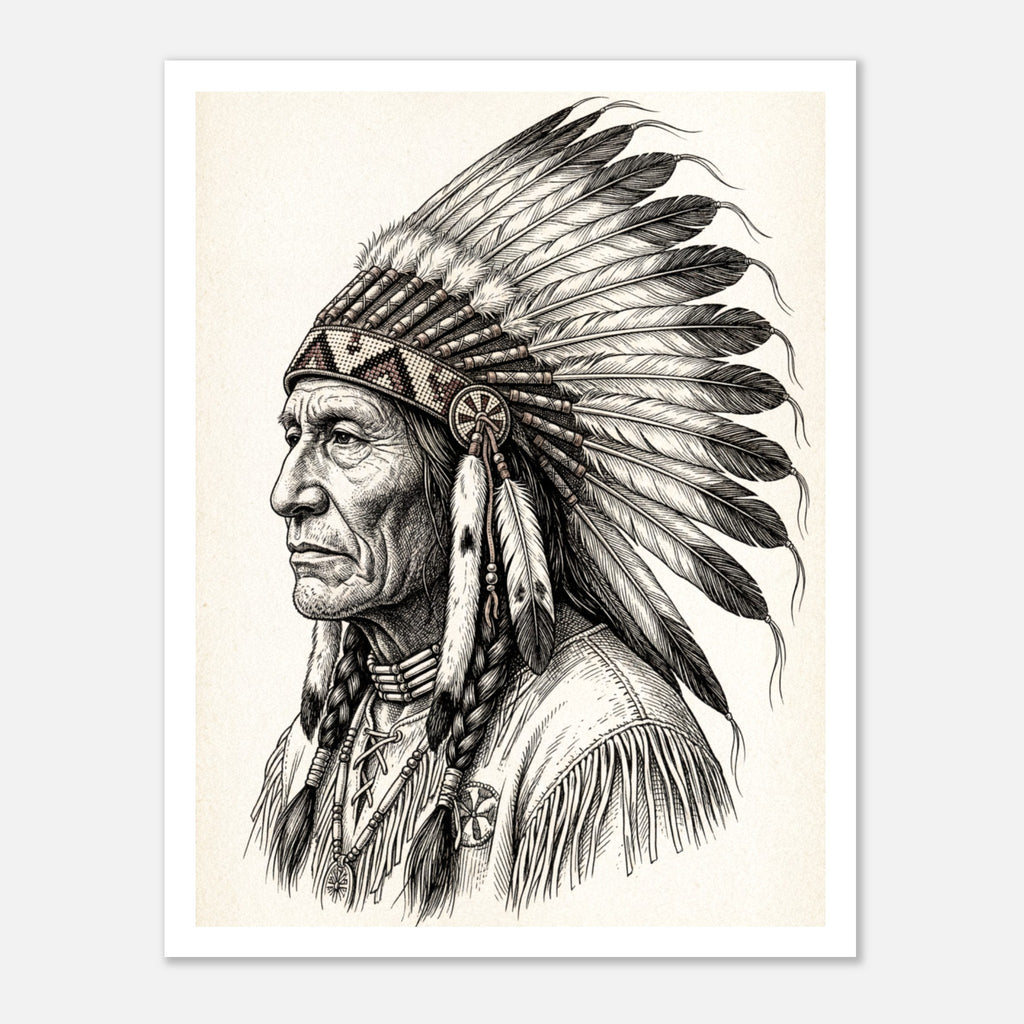 Vintage western ink illustration poster showing a side profile portrait of a plains chief wearing a feather headdress with detailed linework on a parchment background.
