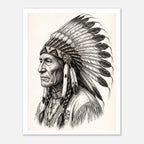 Vintage western ink illustration poster showing a side profile portrait of a plains chief wearing a feather headdress with detailed linework on a parchment background.