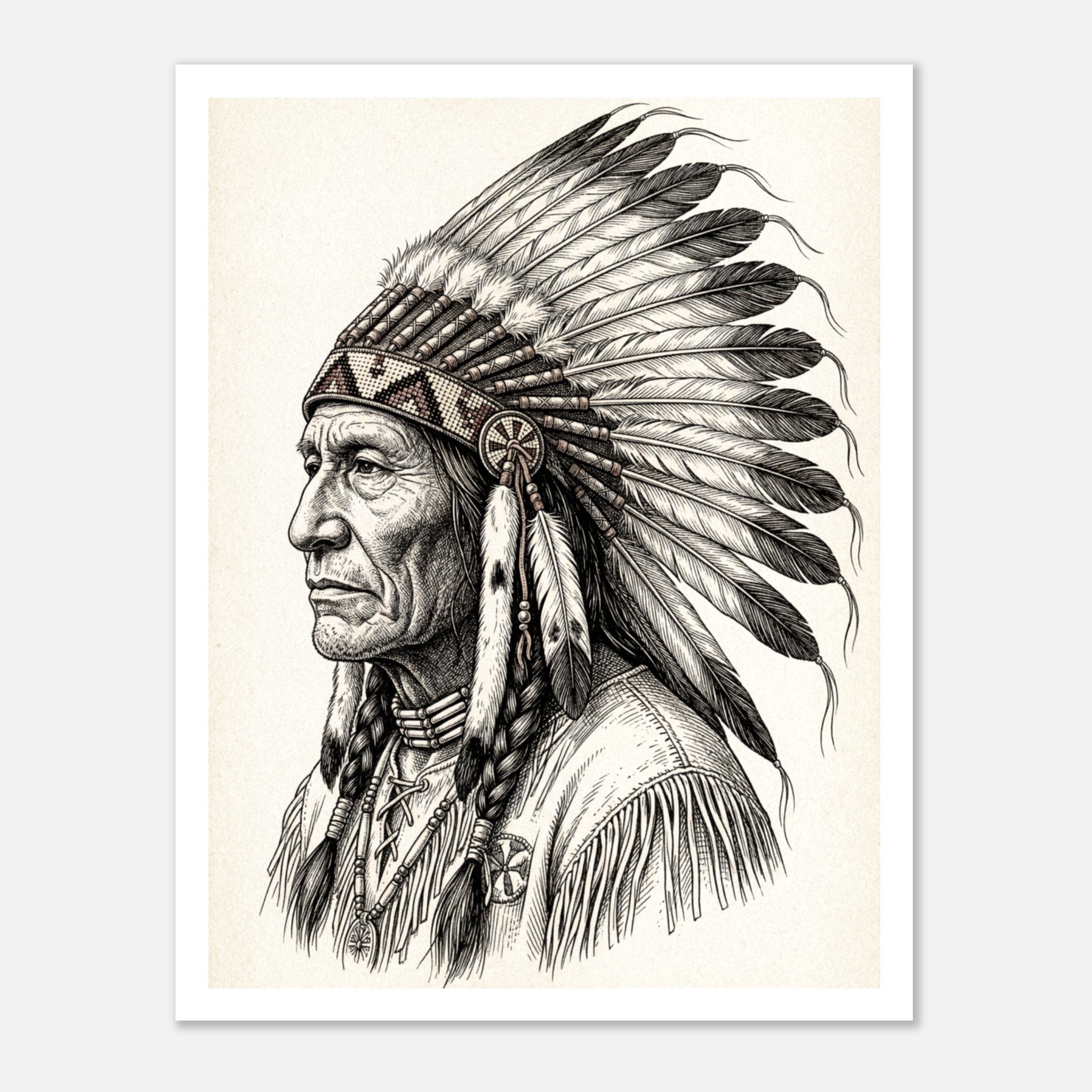 Vintage western ink illustration poster showing a side profile portrait of a plains chief wearing a feather headdress with detailed linework on a parchment background.