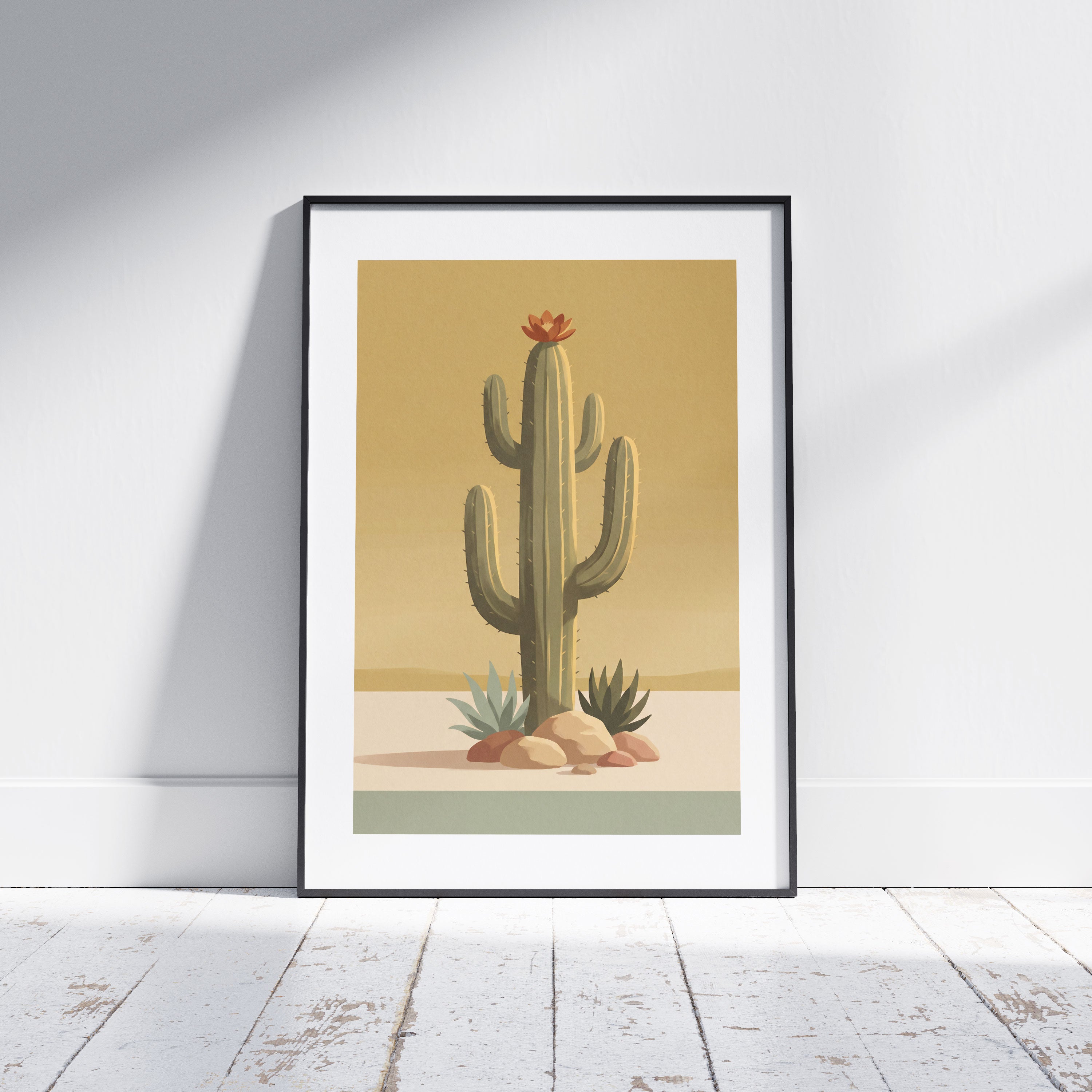 Minimalist desert poster featuring a tall saguaro cactus with a burnt orange bloom, surrounded by desert plants and rocks against a soft golden sky in muted mid century tones.