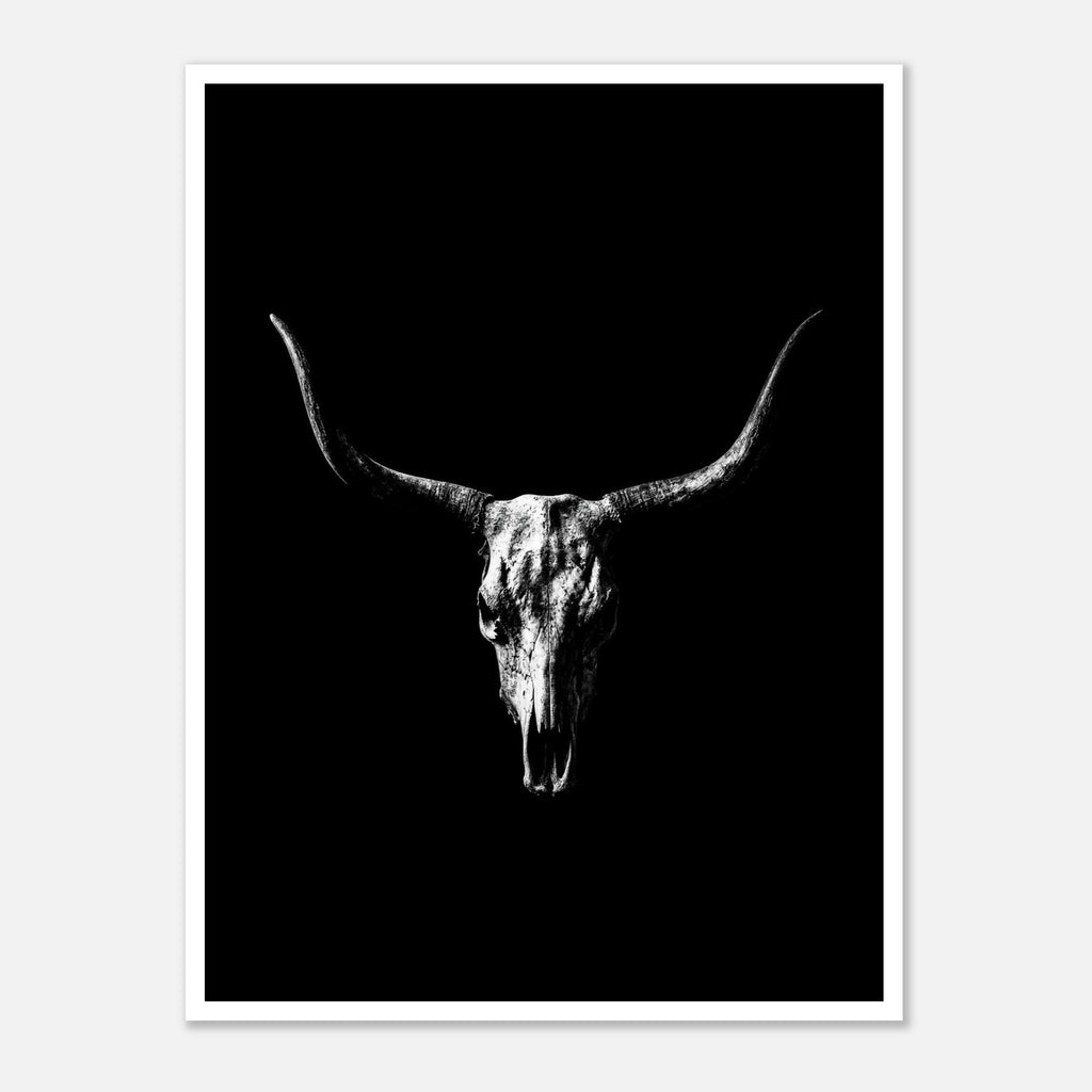 Black and white photograph of a longhorn skull with wide sweeping horns centered against a dark background, western wall art poster.