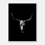 Black and white photograph of a longhorn skull with wide sweeping horns centered against a dark background, western wall art poster.