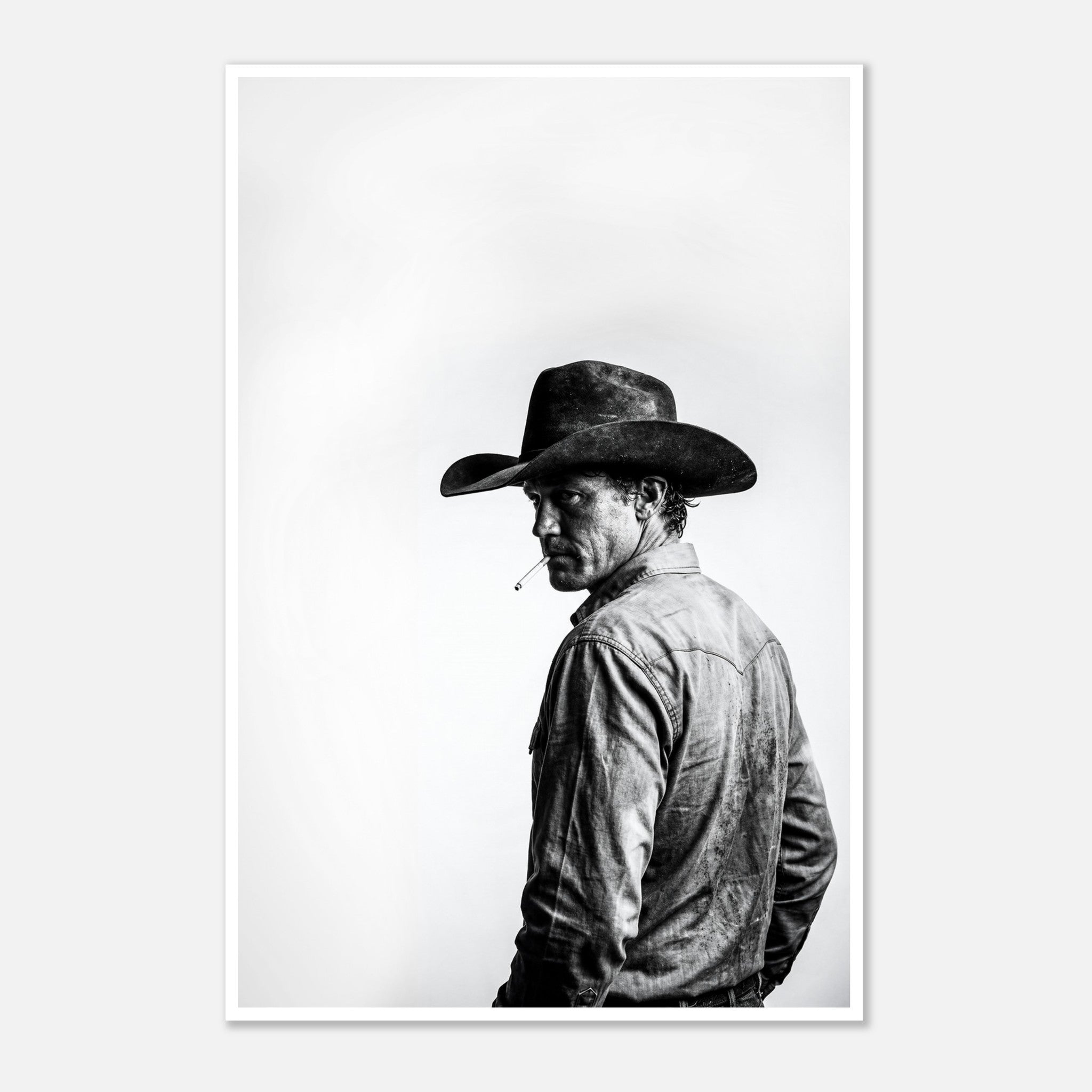 Black and white photograph of a rodeo cowboy wearing a western hat and cigarette, turning toward the camera after competition, western cowboy wall art poster.