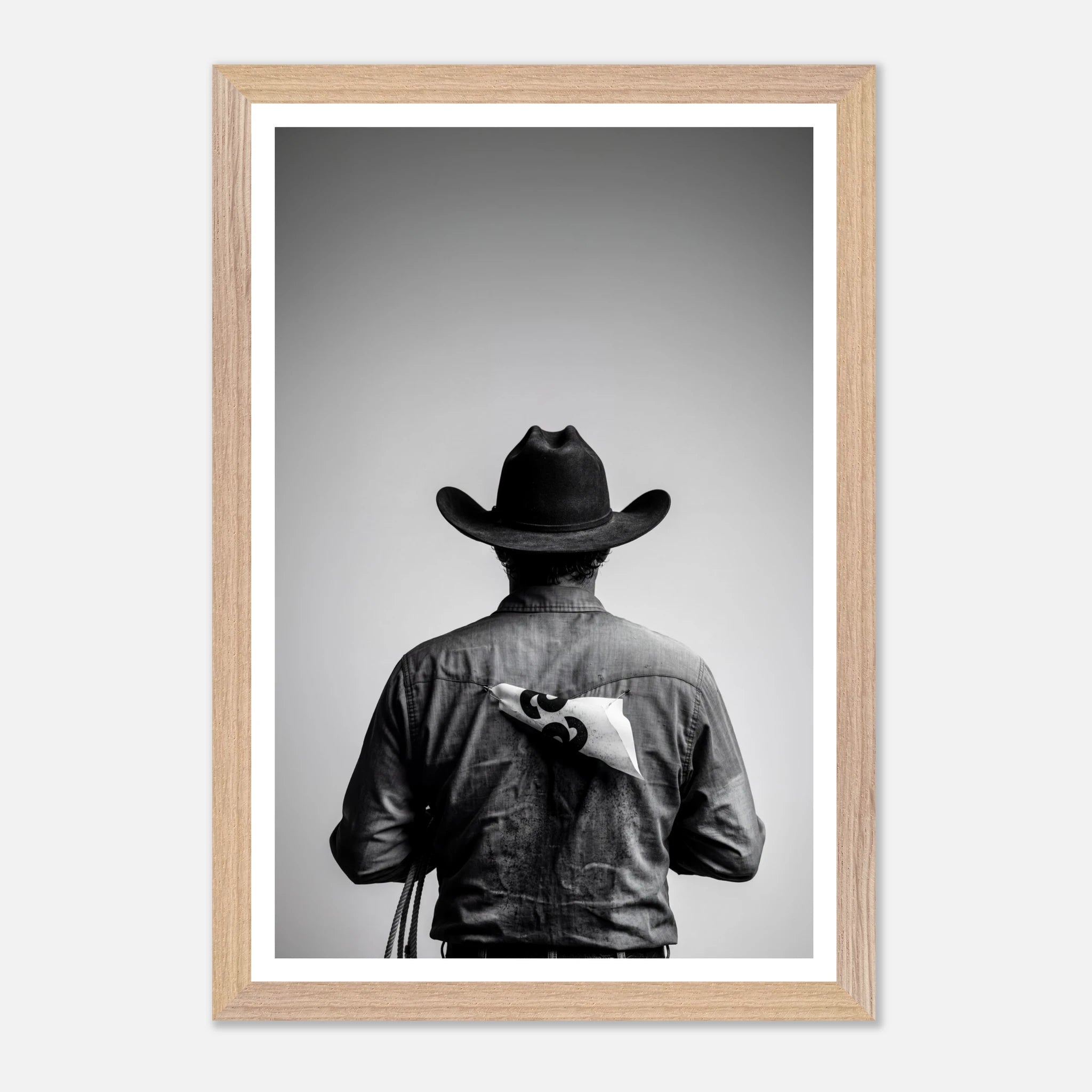 Black and white photograph of a rodeo cowboy viewed from behind wearing a western hat with a numbered rodeo tag pinned to his shirt after competition.