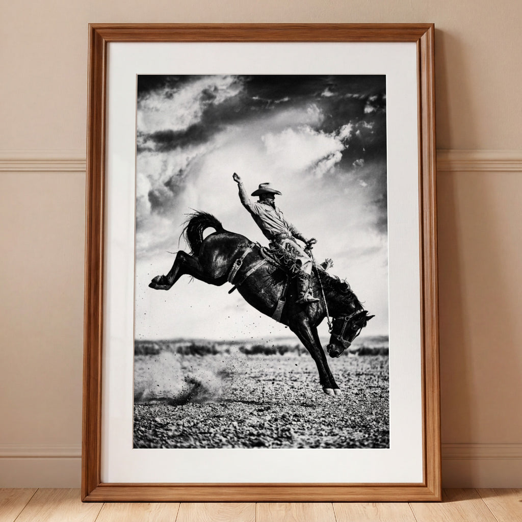 Framed black and white photograph of a cowboy riding a bucking horse against a cloudy sky.