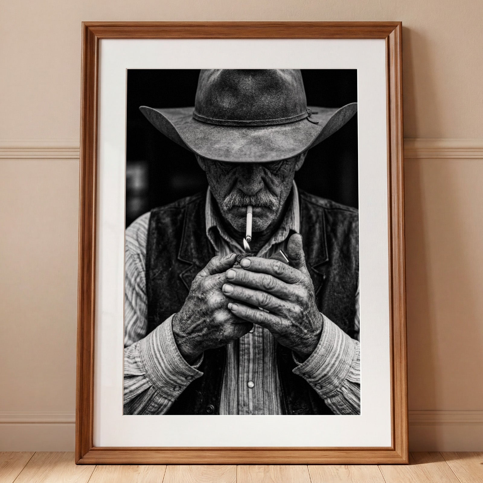 Black and white portrait of a cowboy lighting a cigarette wearing a hat, western wall art.