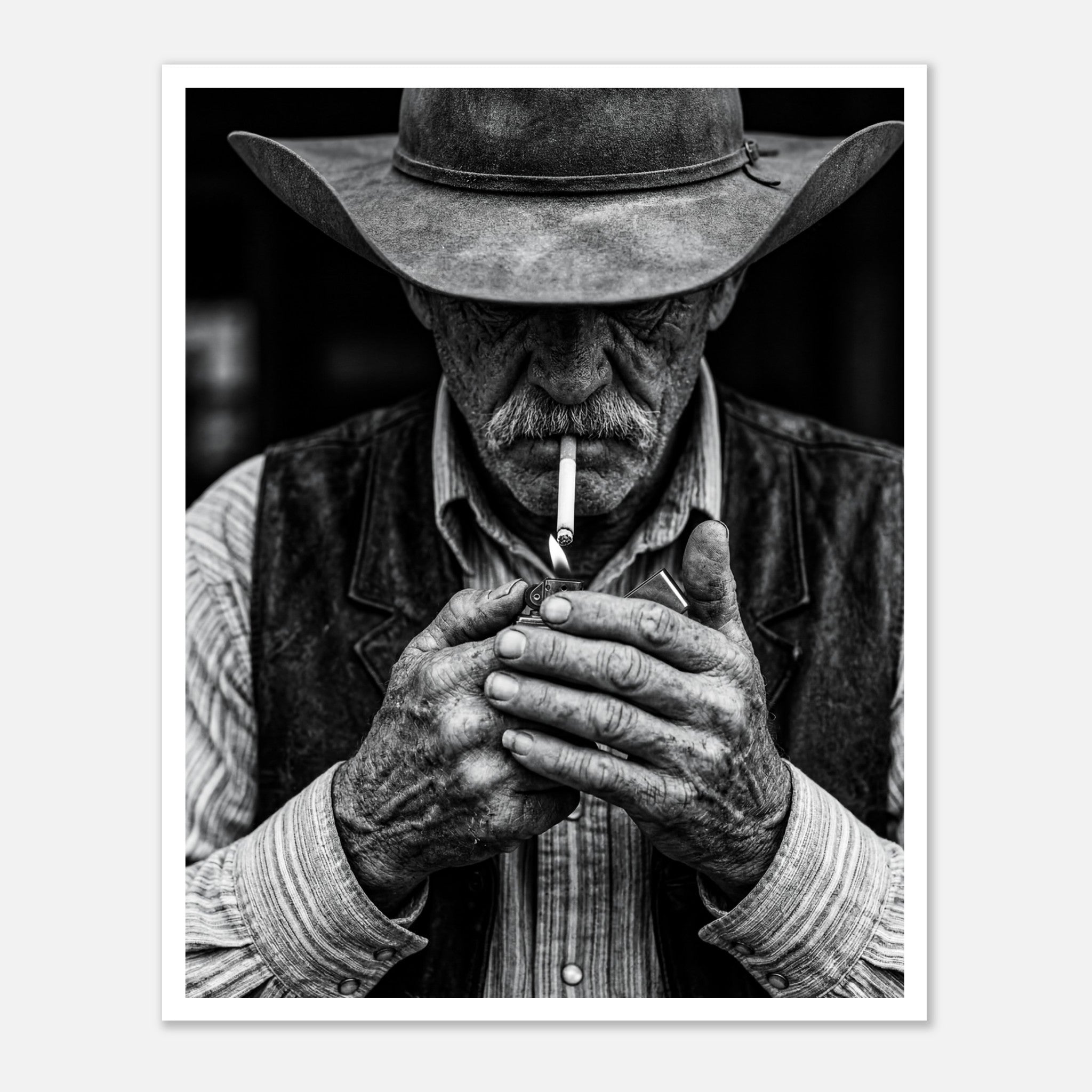 Black and white portrait of a cowboy lighting a cigarette wearing a hat, western wall art.