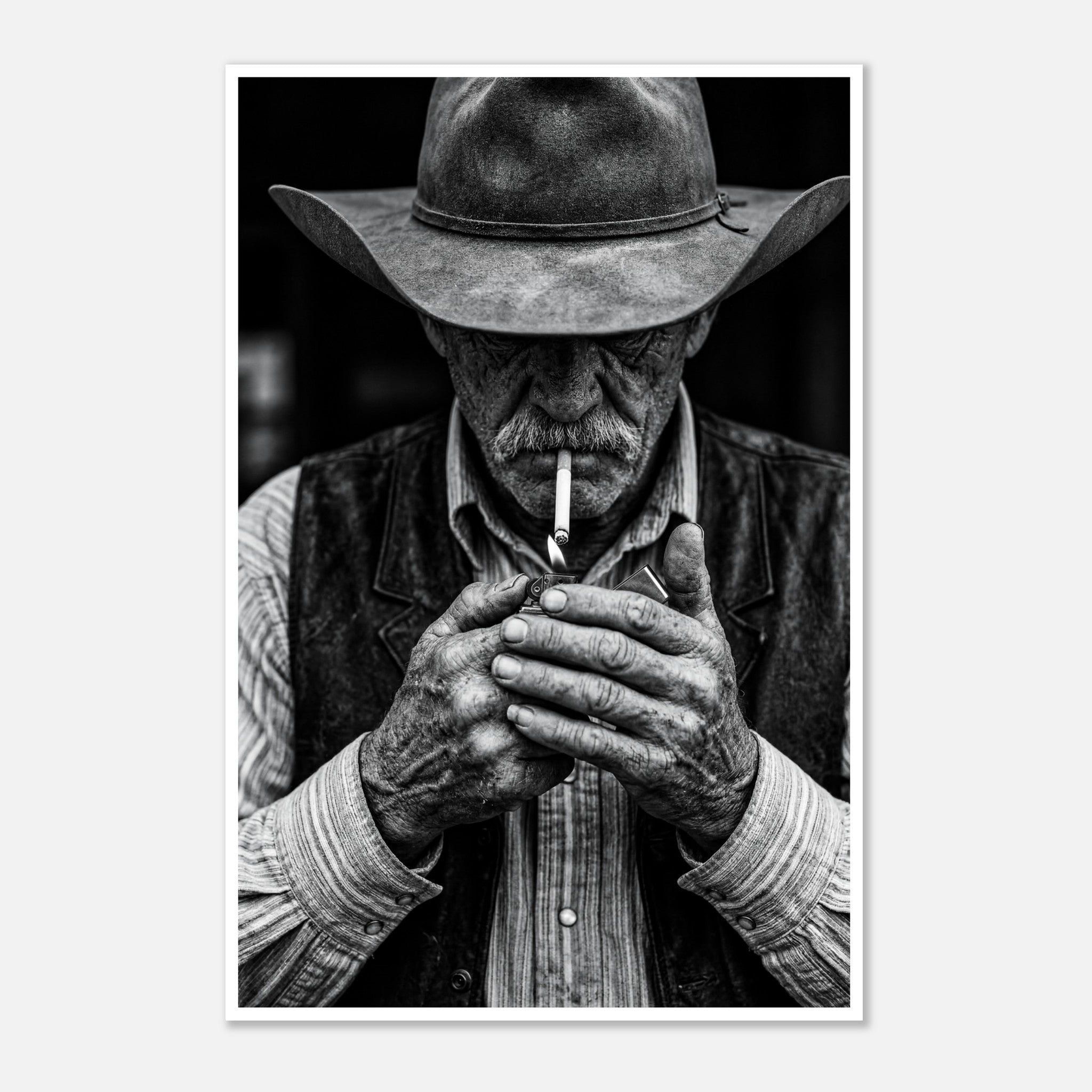 Black and white portrait of a cowboy lighting a cigarette wearing a hat, western wall art.