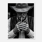 Black and white portrait of a cowboy lighting a cigarette wearing a hat, western wall art.