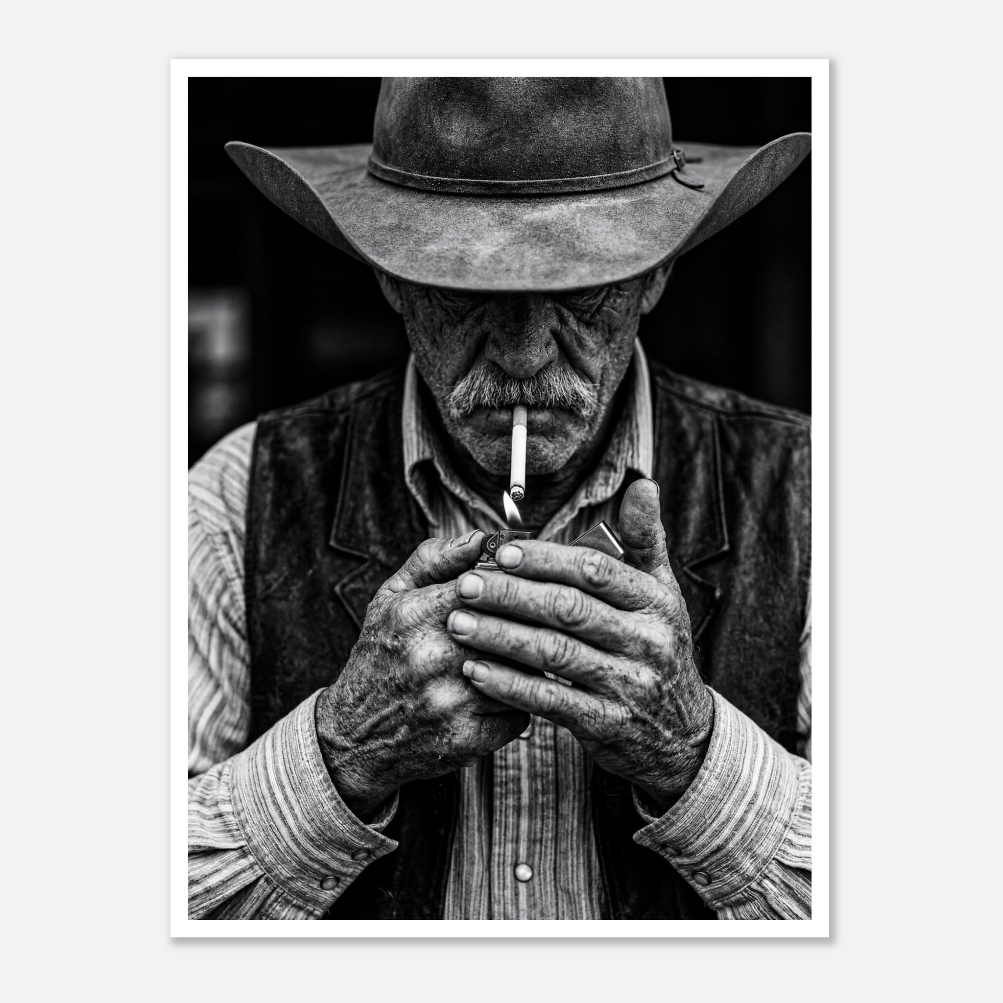 Black and white portrait of a cowboy lighting a cigarette wearing a hat, western wall art.