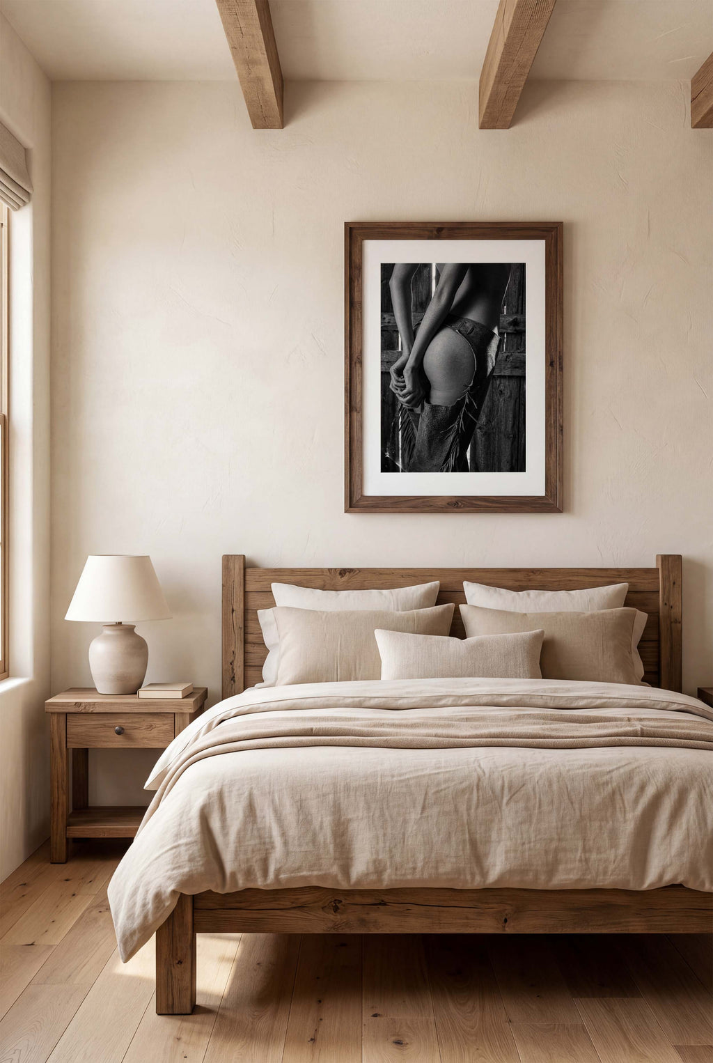 Bedroom with wooden bed, nightstand, and framed artwork on the wall.