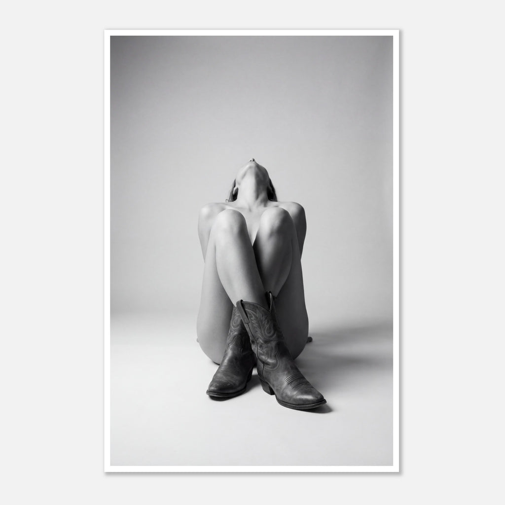 Black and white fine art poster of a seated cowgirl figure wearing classic cowboy boots against a minimalist studio background, creating a dramatic western-inspired composition.