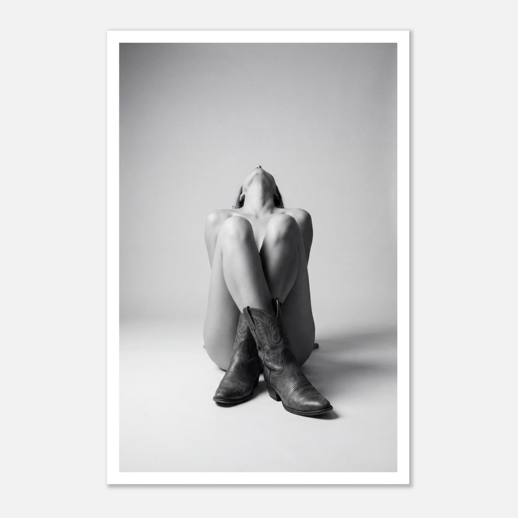 Black and white fine art poster of a seated cowgirl figure wearing classic cowboy boots against a minimalist studio background, creating a dramatic western-inspired composition.