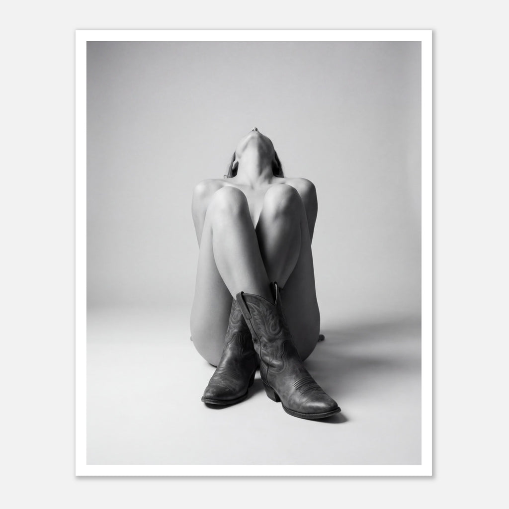 Black and white fine art poster of a seated cowgirl figure wearing classic cowboy boots against a minimalist studio background, creating a dramatic western-inspired composition.