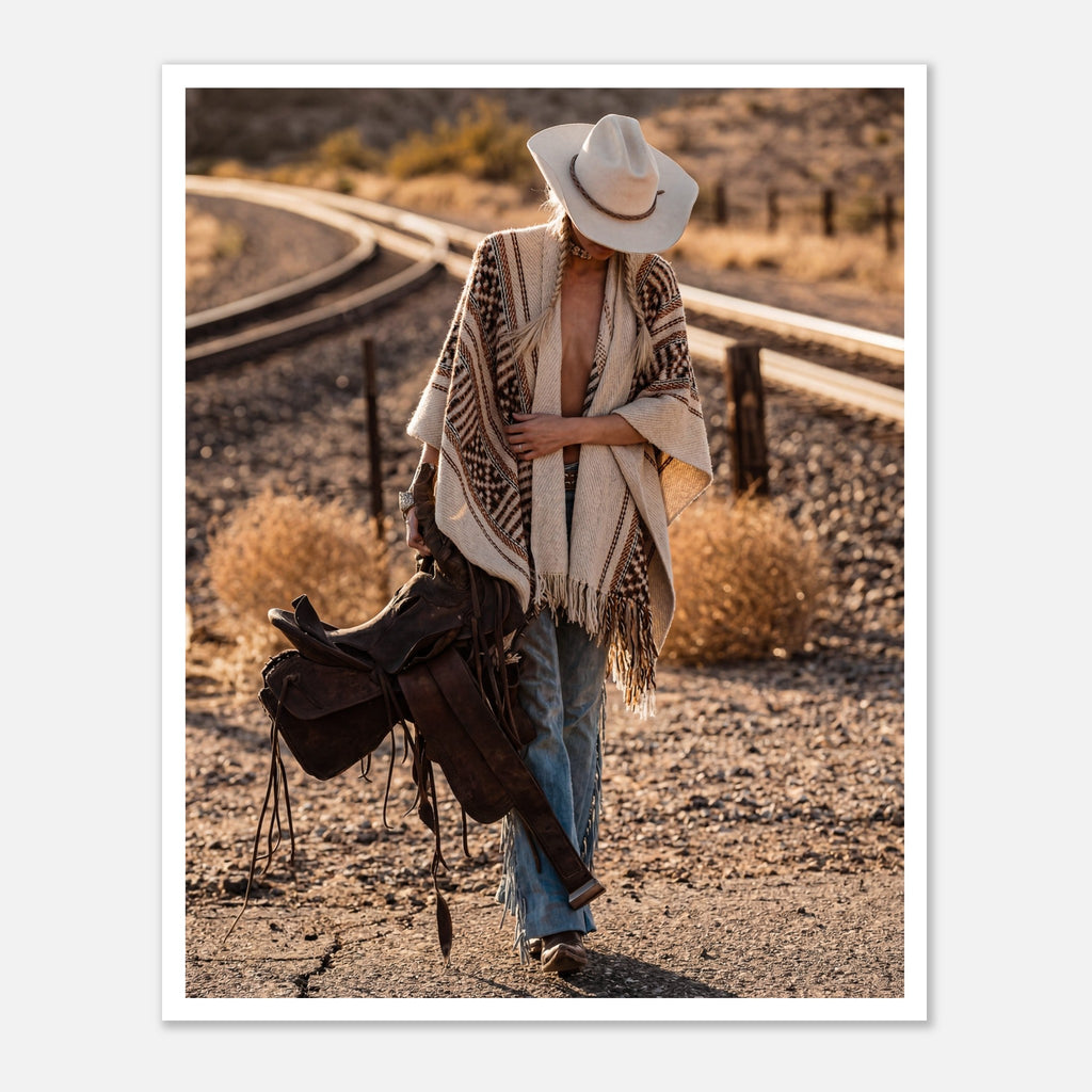 Cowgirl walking through desert carrying a saddle near railroad tracks, western wall art.