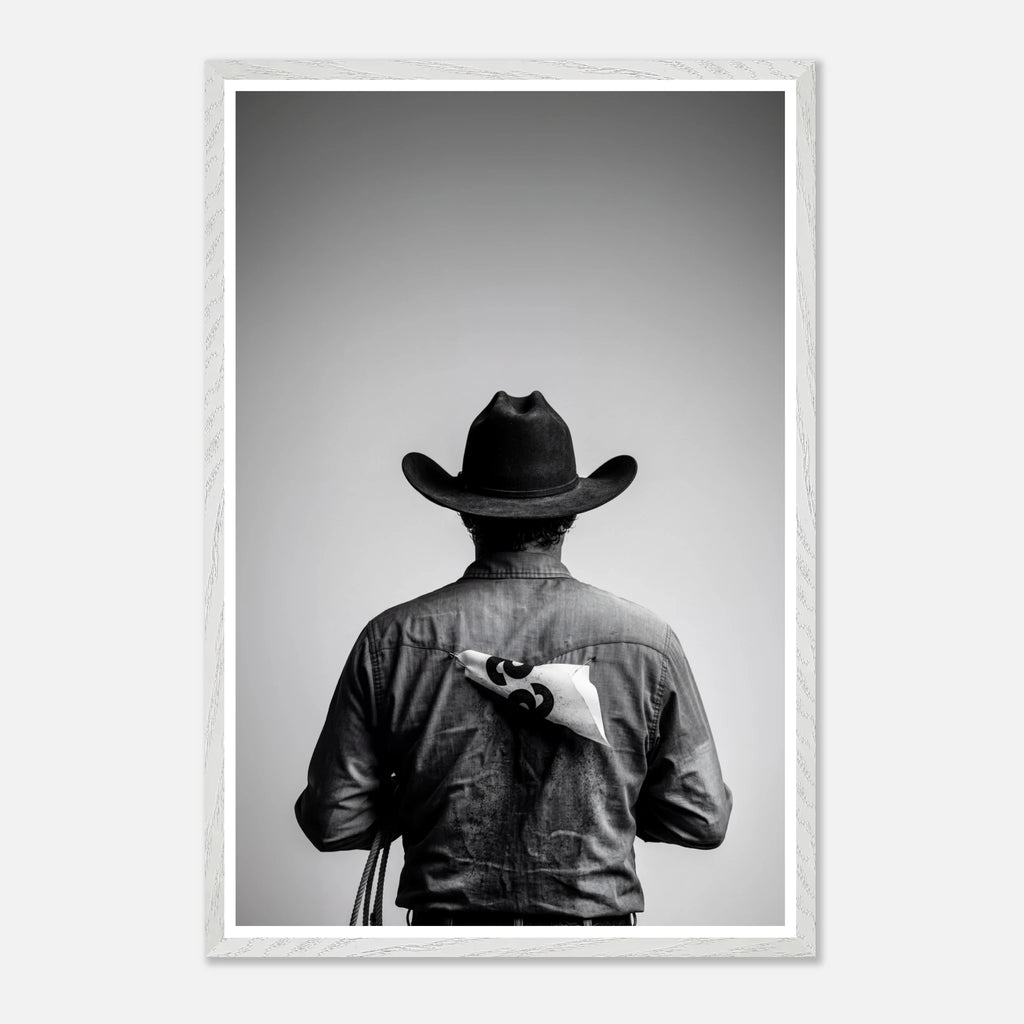 Black and white photograph of a rodeo cowboy viewed from behind wearing a western hat with a numbered rodeo tag pinned to his shirt after competition.