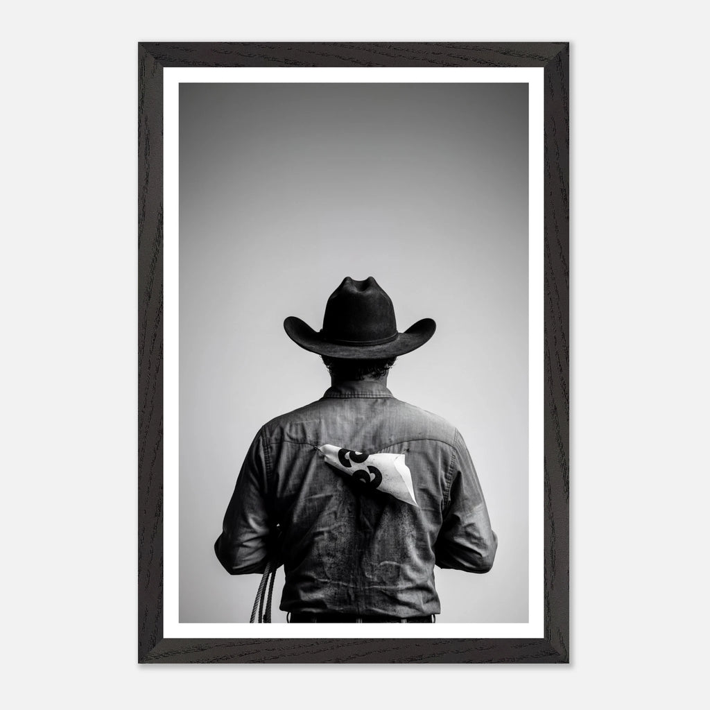 Black and white photograph of a rodeo cowboy viewed from behind wearing a western hat with a numbered rodeo tag pinned to his shirt after competition.