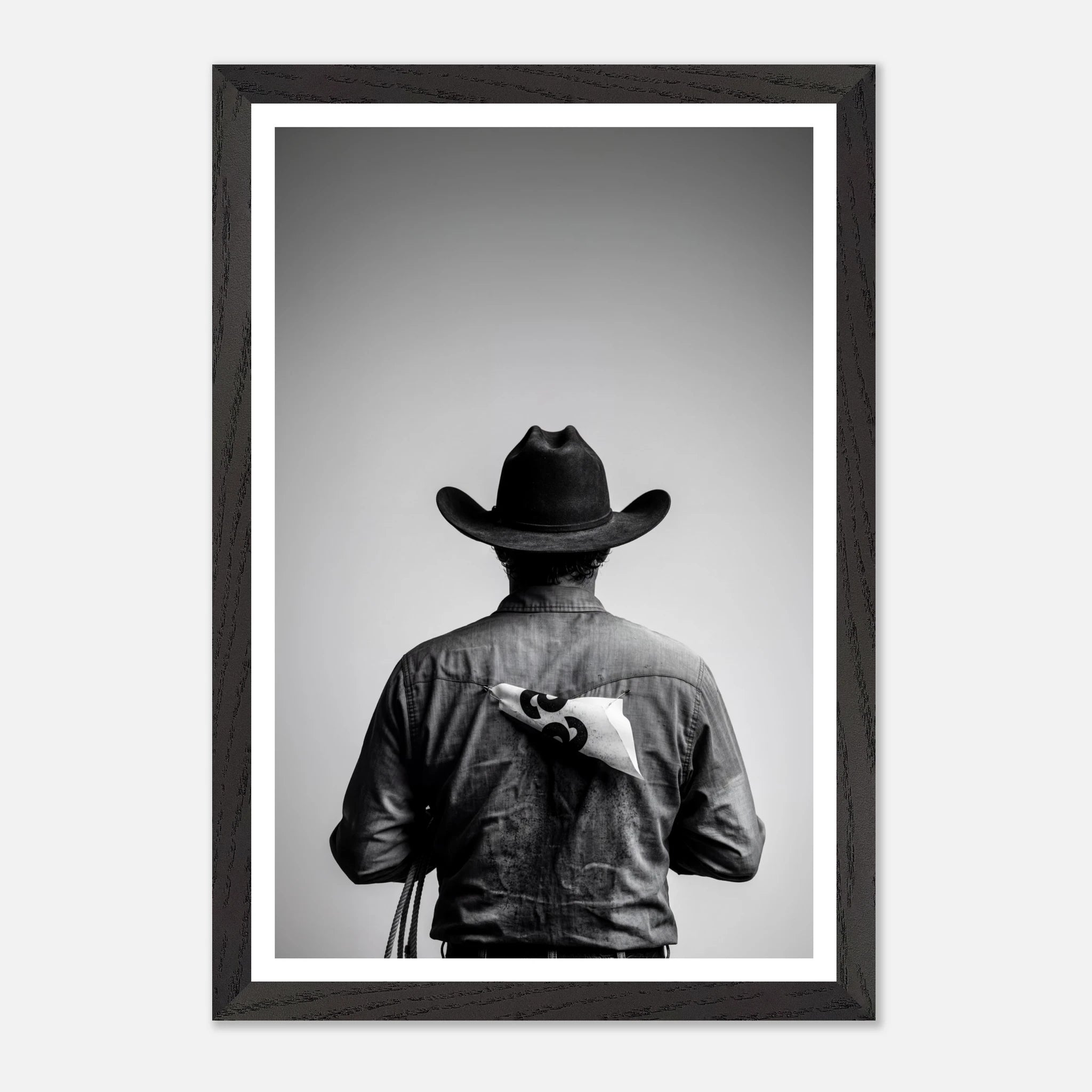 Black and white photograph of a rodeo cowboy viewed from behind wearing a western hat with a numbered rodeo tag pinned to his shirt after competition.
