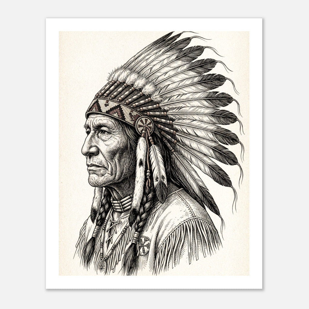 Vintage western ink illustration poster showing a side profile portrait of a plains chief wearing a feather headdress with detailed linework on a parchment background.