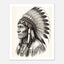 Vintage western ink illustration poster showing a side profile portrait of a plains chief wearing a feather headdress with detailed linework on a parchment background.