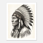 Vintage western ink illustration poster showing a side profile portrait of a plains chief wearing a feather headdress with detailed linework on a parchment background.