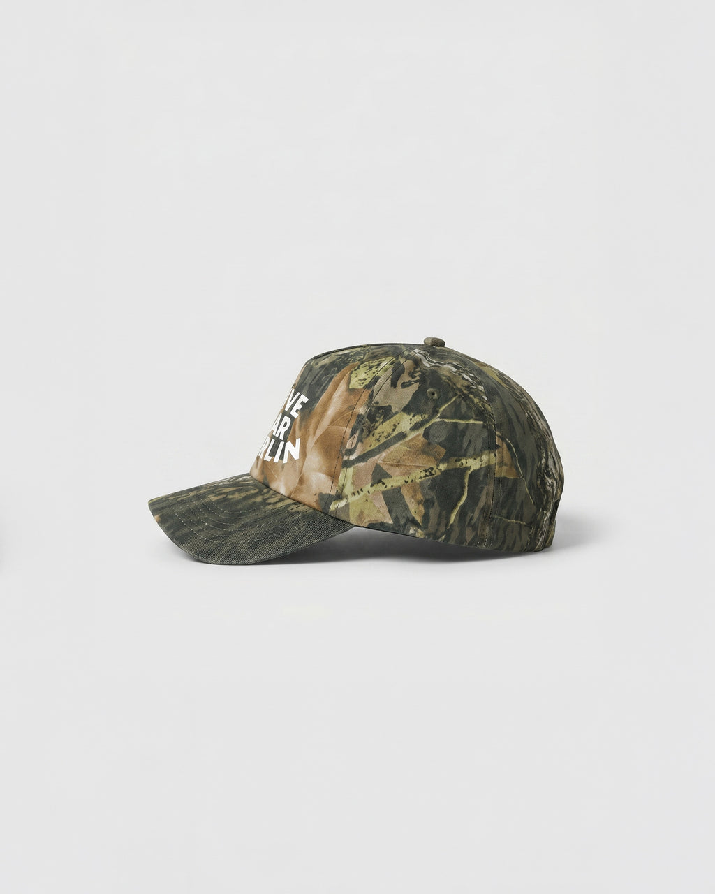 Dive Bar Darlin camo snapback cap with curved peak and bold white lettering on front panel