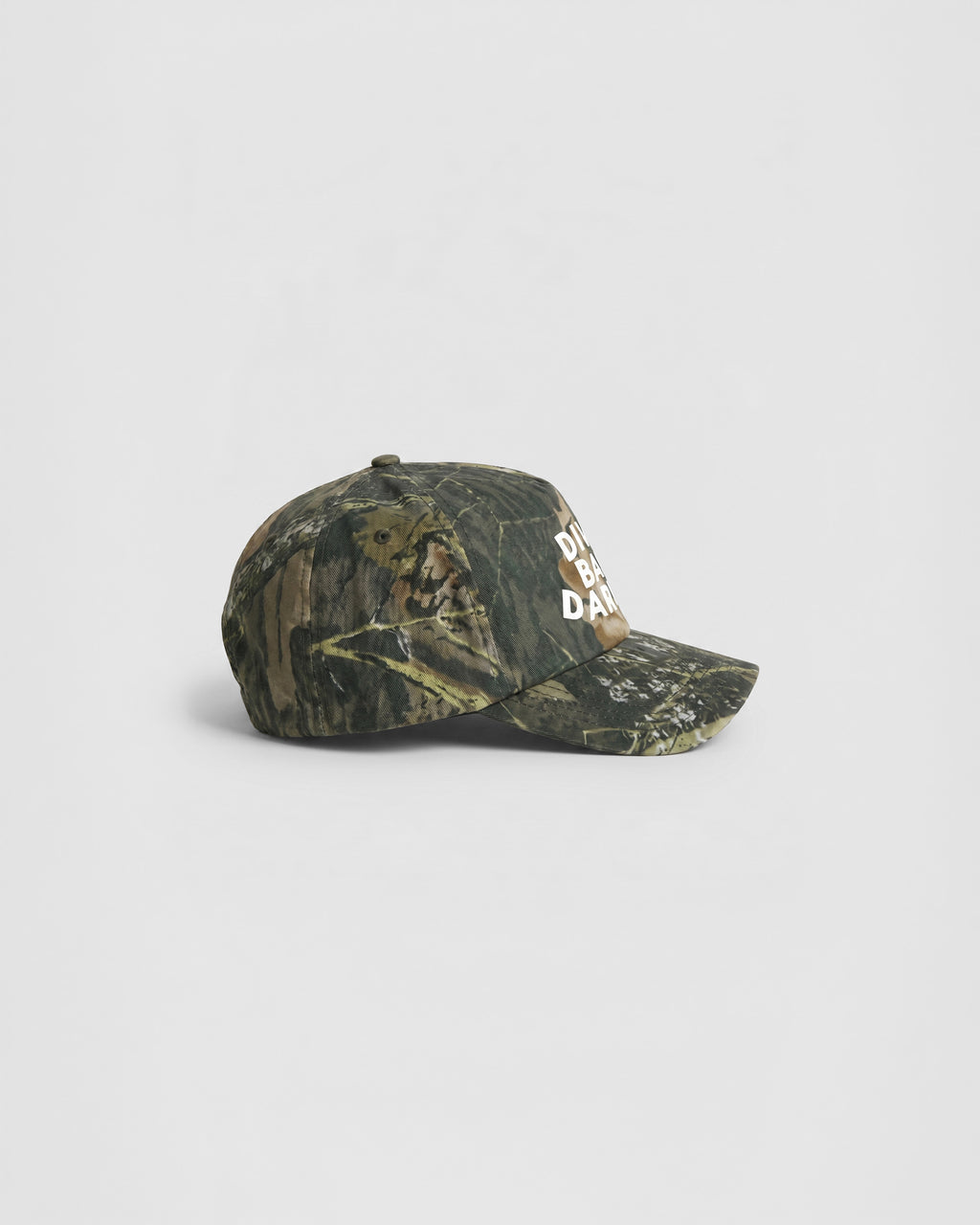 Dive Bar Darlin camo snapback cap with curved peak and bold white lettering on front panel
