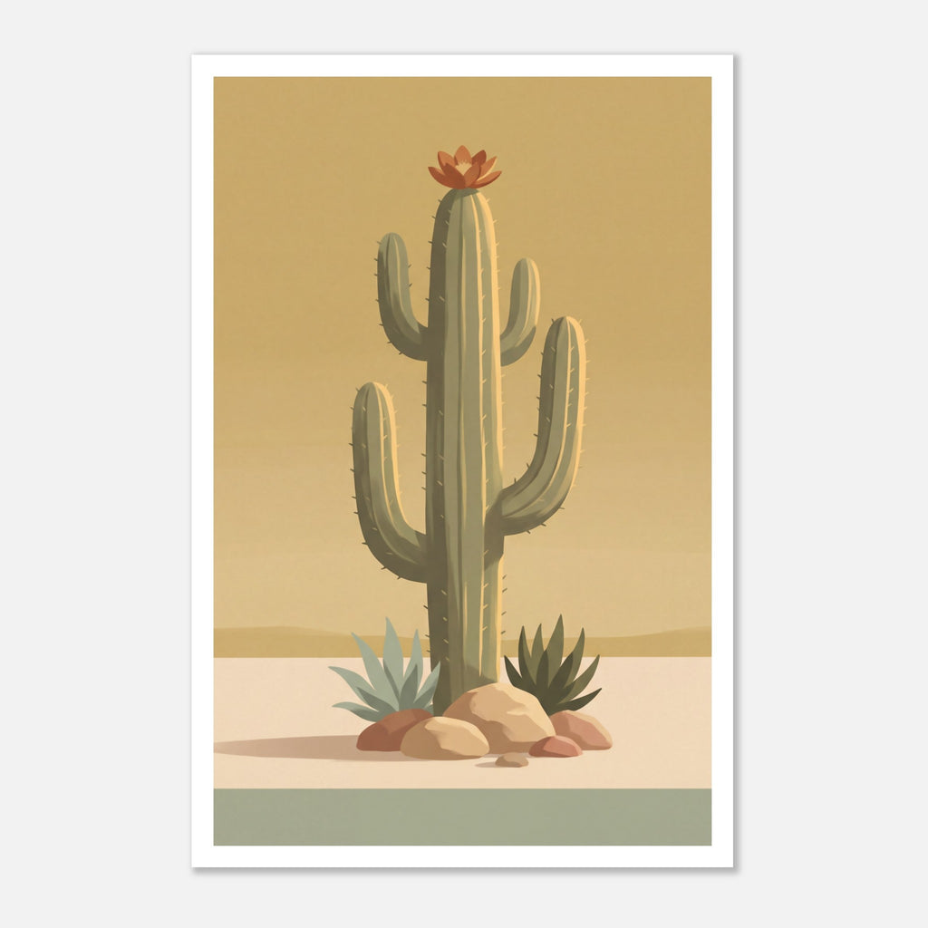 Minimalist desert poster featuring a tall saguaro cactus with a burnt orange bloom, surrounded by desert plants and rocks against a soft golden sky in muted mid century tones.