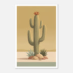 Minimalist desert poster featuring a tall saguaro cactus with a burnt orange bloom, surrounded by desert plants and rocks against a soft golden sky in muted mid century tones.