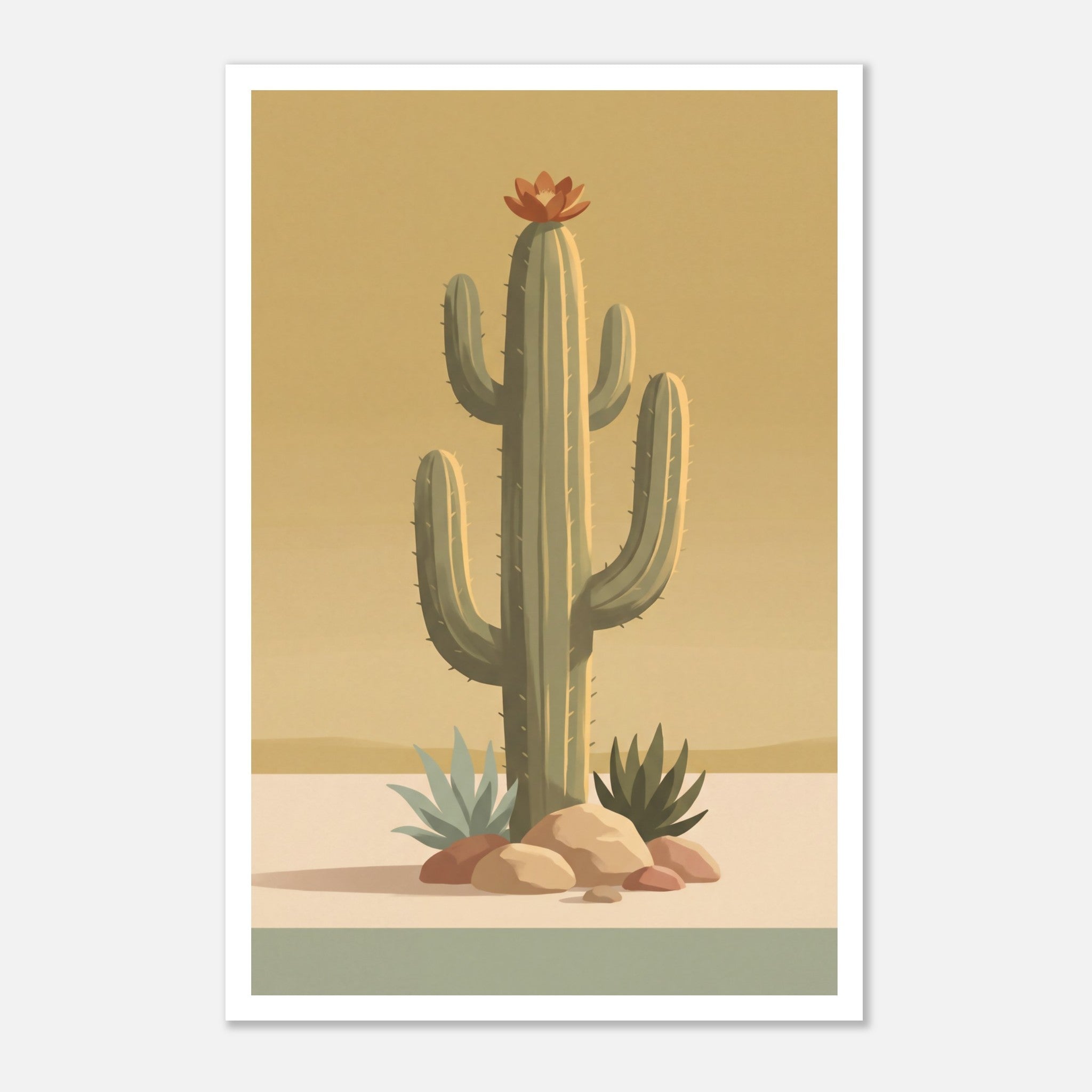 Minimalist desert poster featuring a tall saguaro cactus with a burnt orange bloom, surrounded by desert plants and rocks against a soft golden sky in muted mid century tones.