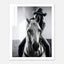 Black and white photograph of a cowgirl riding a horse head on wearing a cowboy hat, western equestrian wall art.