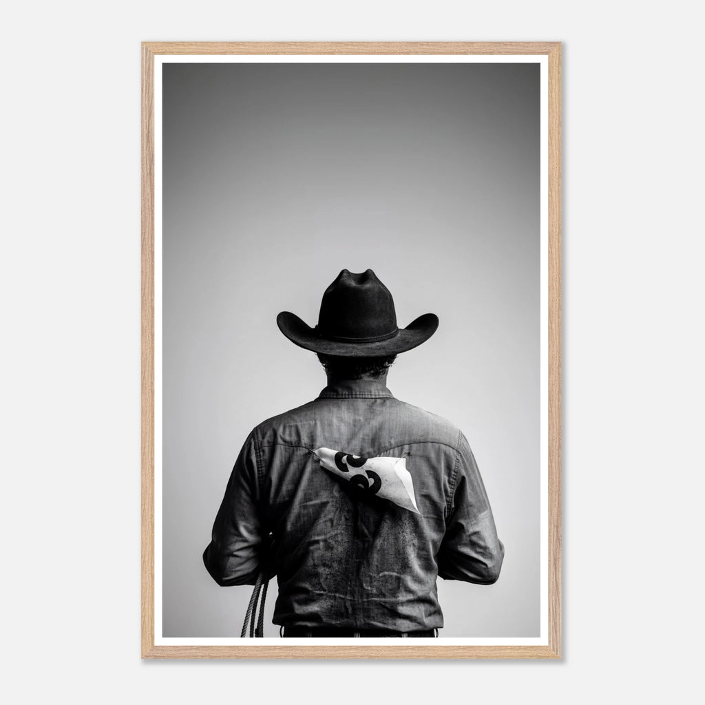 Black and white photograph of a rodeo cowboy viewed from behind wearing a western hat with a numbered rodeo tag pinned to his shirt after competition.