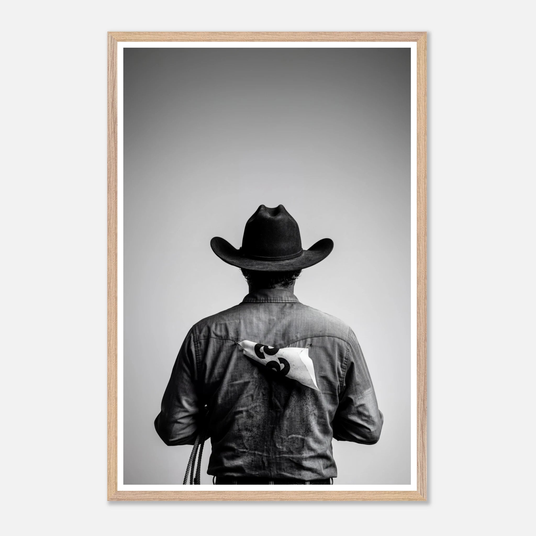 Black and white photograph of a rodeo cowboy viewed from behind wearing a western hat with a numbered rodeo tag pinned to his shirt after competition.