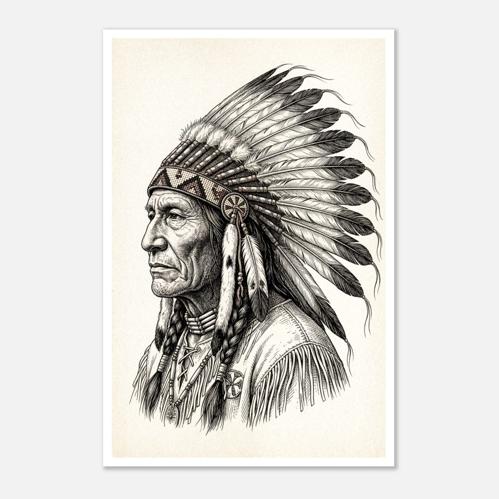 Vintage western ink illustration poster showing a side profile portrait of a plains chief wearing a feather headdress with detailed linework on a parchment background.