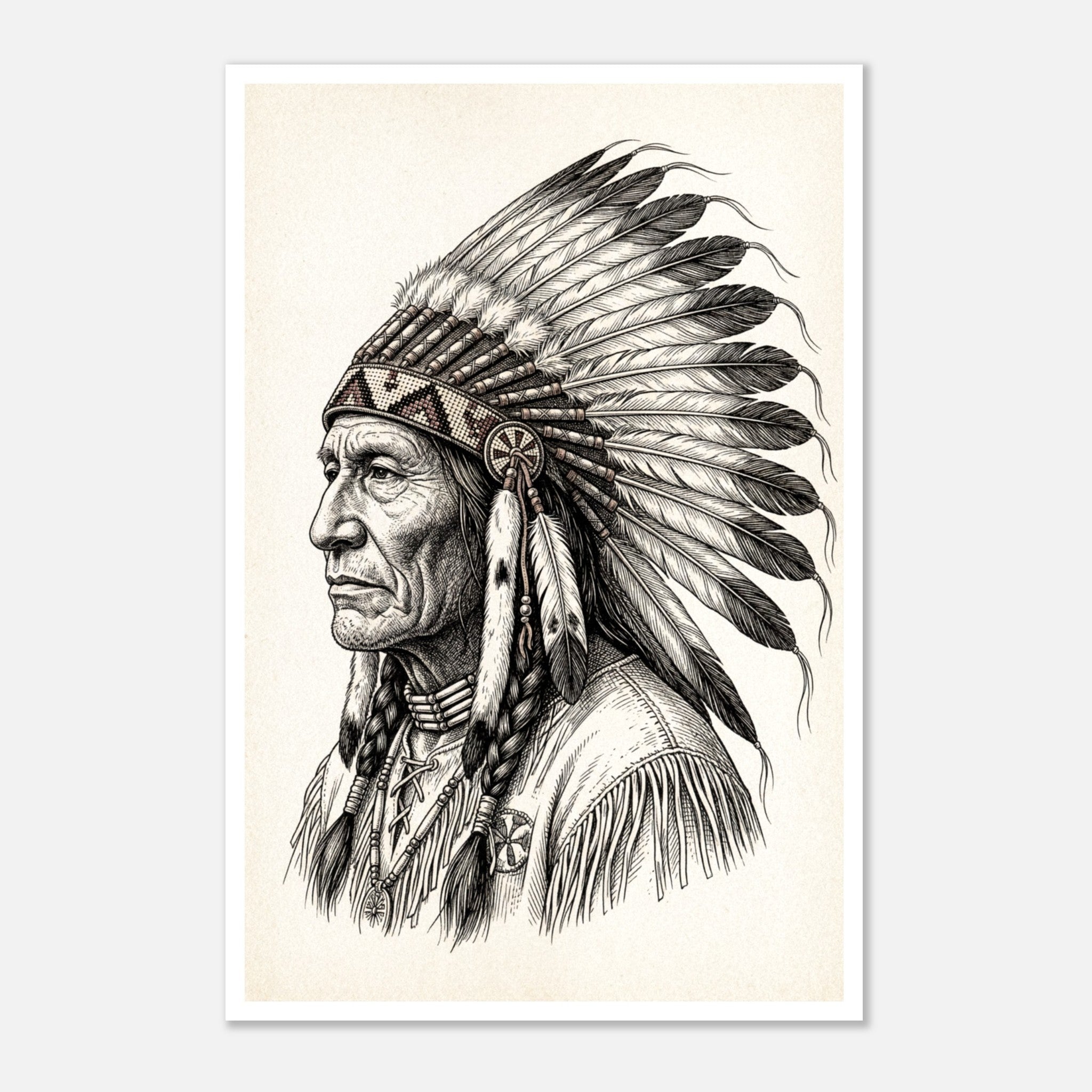 Vintage western ink illustration poster showing a side profile portrait of a plains chief wearing a feather headdress with detailed linework on a parchment background.
