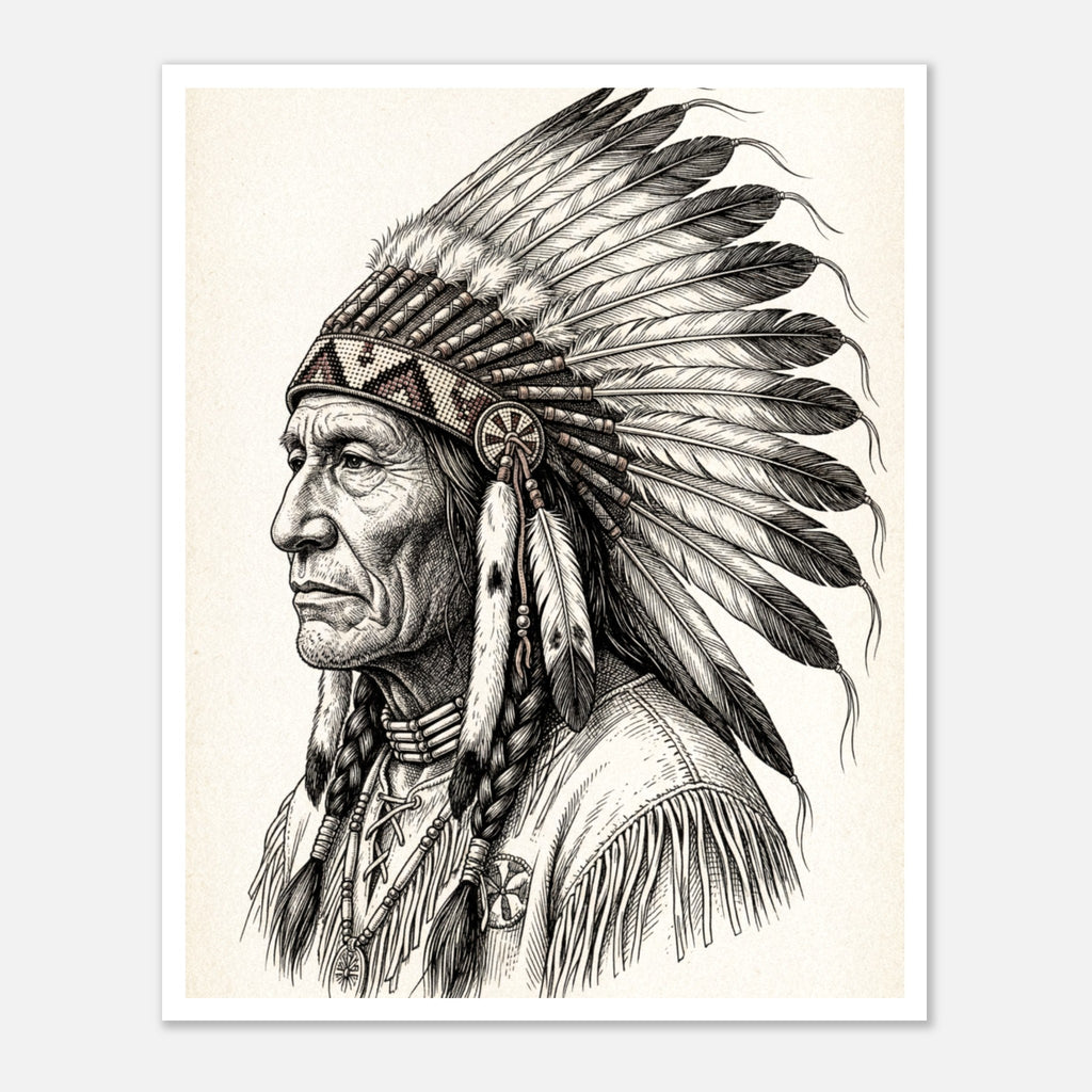 Vintage western ink illustration poster showing a side profile portrait of a plains chief wearing a feather headdress with detailed linework on a parchment background.