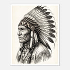 Vintage western ink illustration poster showing a side profile portrait of a plains chief wearing a feather headdress with detailed linework on a parchment background.