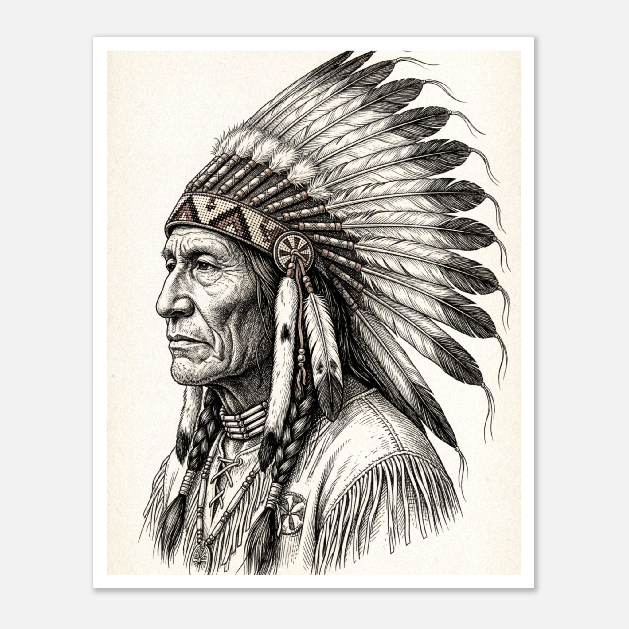 Vintage western ink illustration poster showing a side profile portrait of a plains chief wearing a feather headdress with detailed linework on a parchment background.