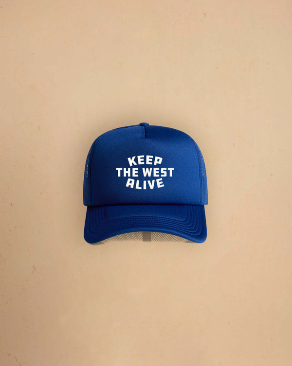 High-profile trucker cap featuring “Keep The West Alive” western typography on the front with mesh back and curved peak.