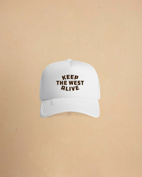 High-profile trucker cap featuring “Keep The West Alive” western typography on the front with mesh back and curved peak.