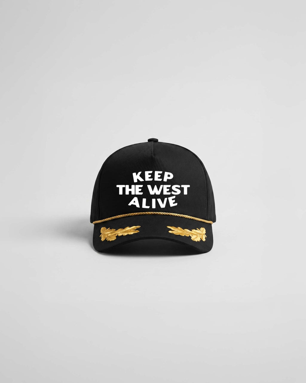 Black cap with 'Keep The West Alive' text on a gray background