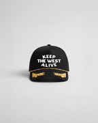 Black cap with 'Keep The West Alive' text on a gray background