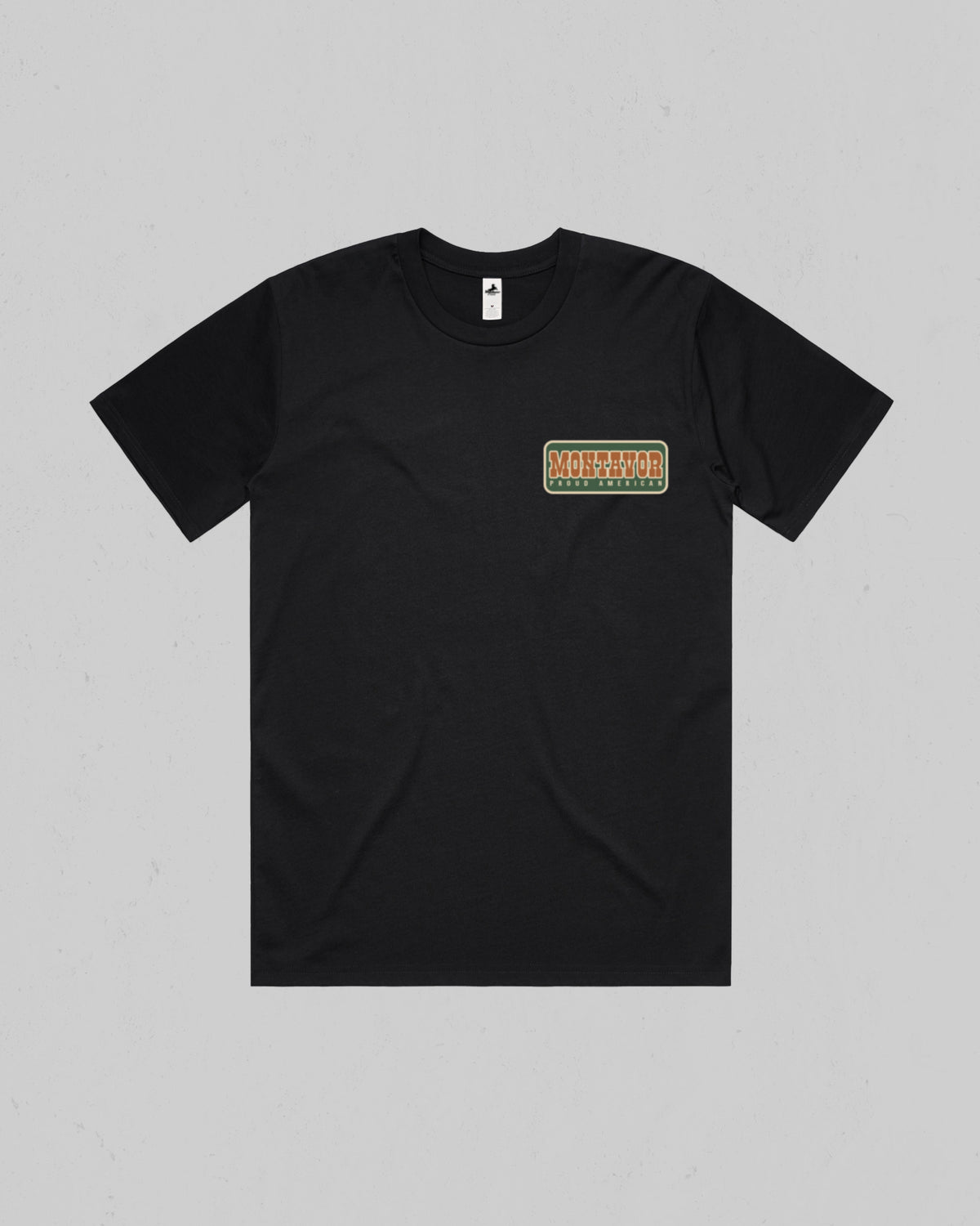 Front view of the black Montavor Proud American T-Shirt with a small Montavor logo on the left chest.