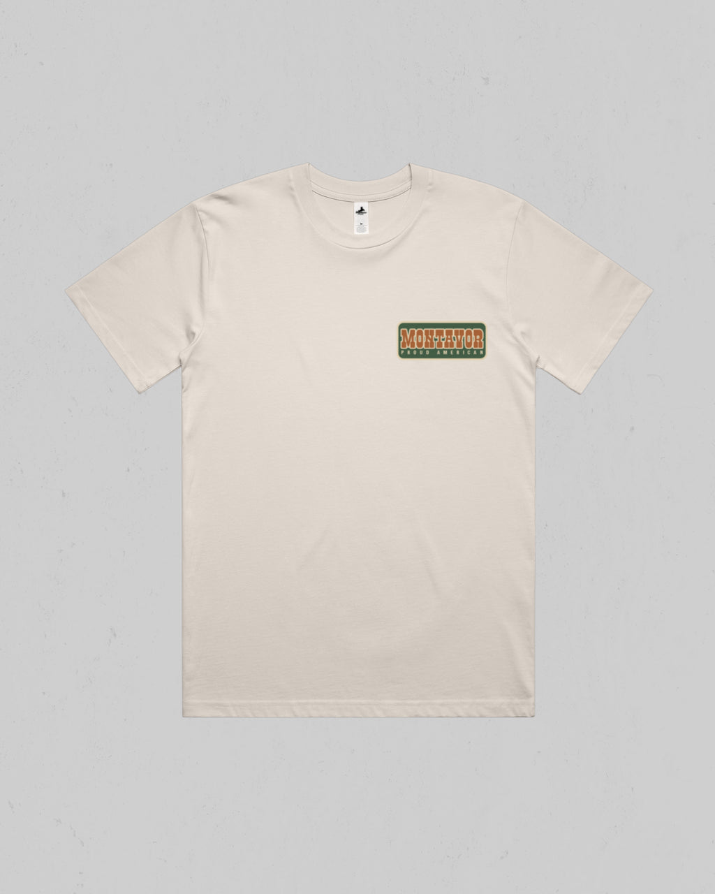 Front view of the bone Montavor Proud American T-Shirt with a small Montavor logo on the left chest.