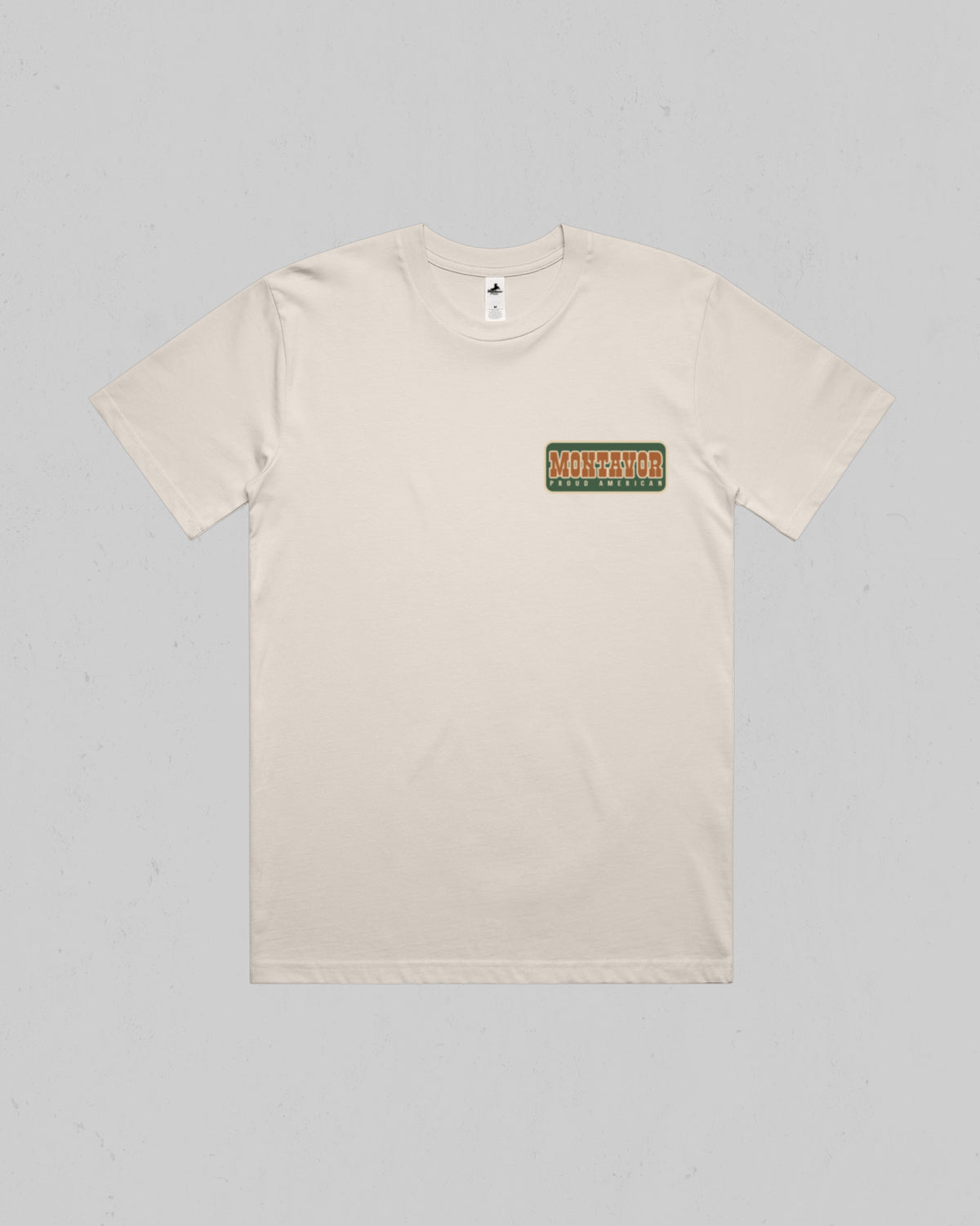 Front view of the bone Montavor Proud American T-Shirt with a small Montavor logo on the left chest.