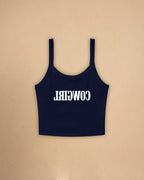 Fitted western-inspired strap tank top featuring mirrored “Cowgirl” typography on the front with a soft micro rib silhouette.