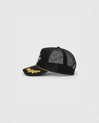 Black trucker cap on a white background