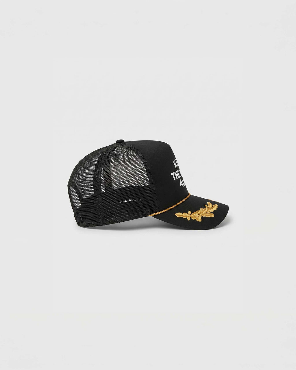 Black trucker cap on a white background