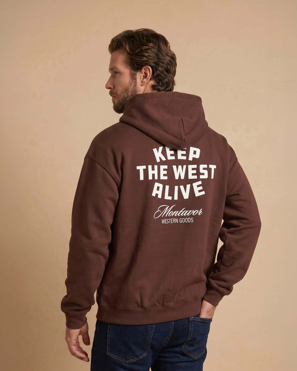 Back view of Montavor Keep The West Alive western hoodie with oversized western graphic print and relaxed fit design.