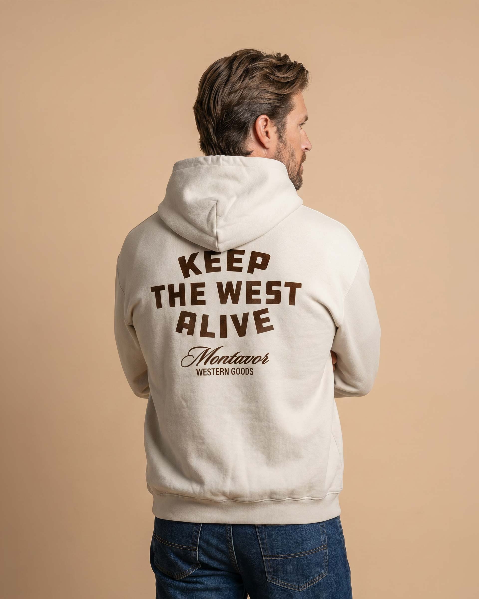Back view of Montavor Keep The West Alive western hoodie with oversized western graphic print and relaxed fit design. Main image